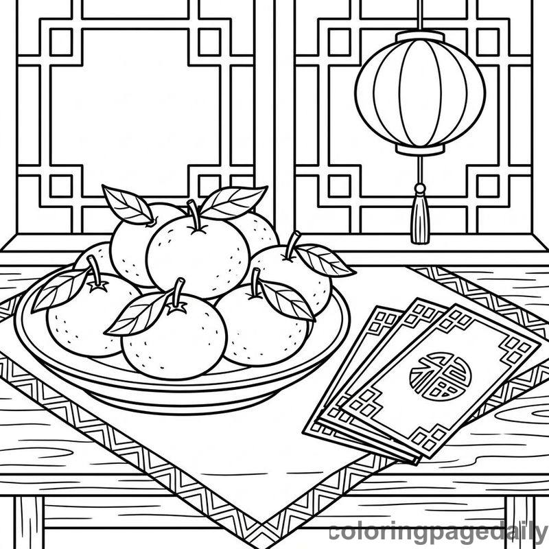 Festive Mandarin Oranges And Envelopes - Daily printable coloring page in Chinese New Year category