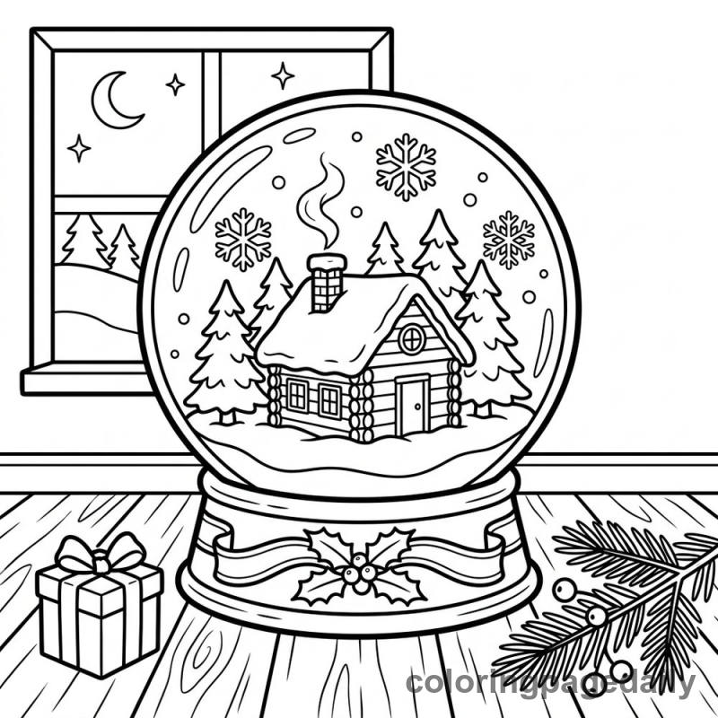 Festive Snow Globe Scene - Daily printable coloring page in Christmas category