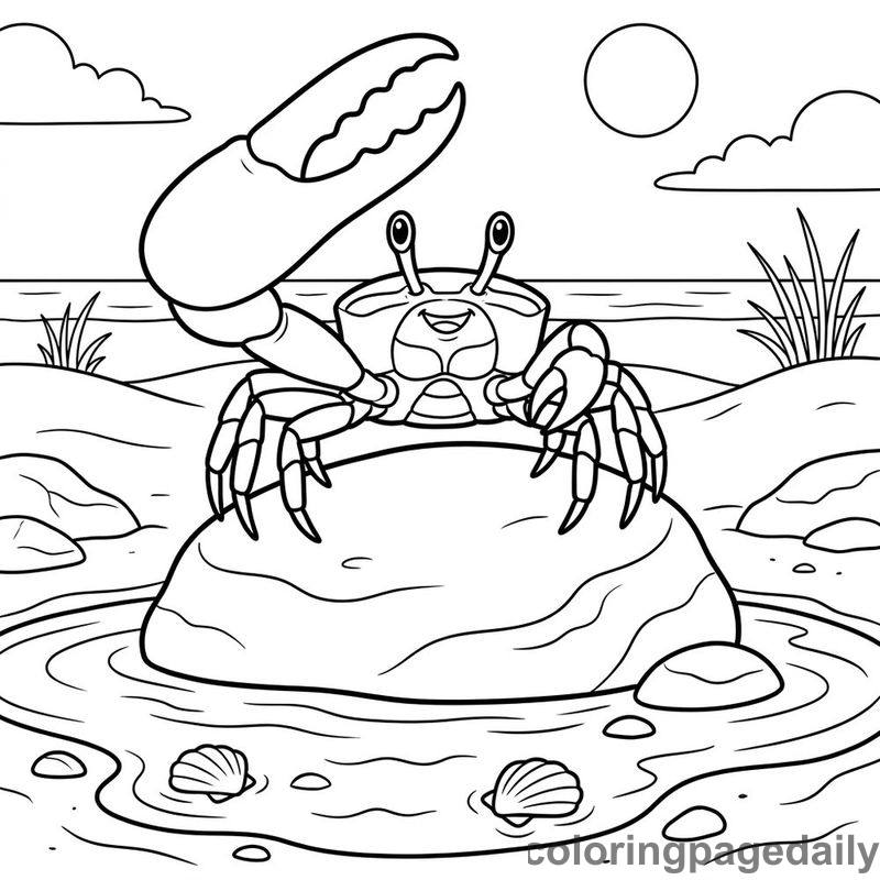 Fiddler Crab On Beach Rock - Daily printable coloring page in Ocean and Underwater Life category