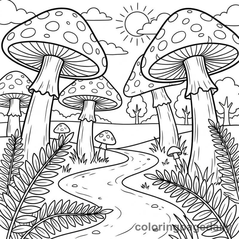 Field of Giant Mushrooms - Daily printable coloring page in Scenery category