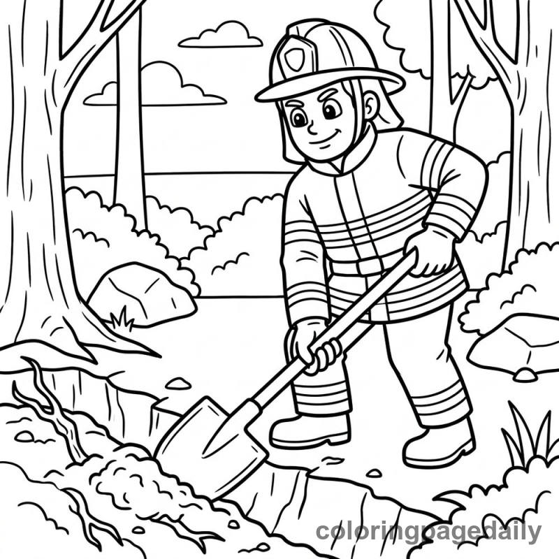 Firefighter Digging Forest Trench - Daily printable coloring page in Professions category