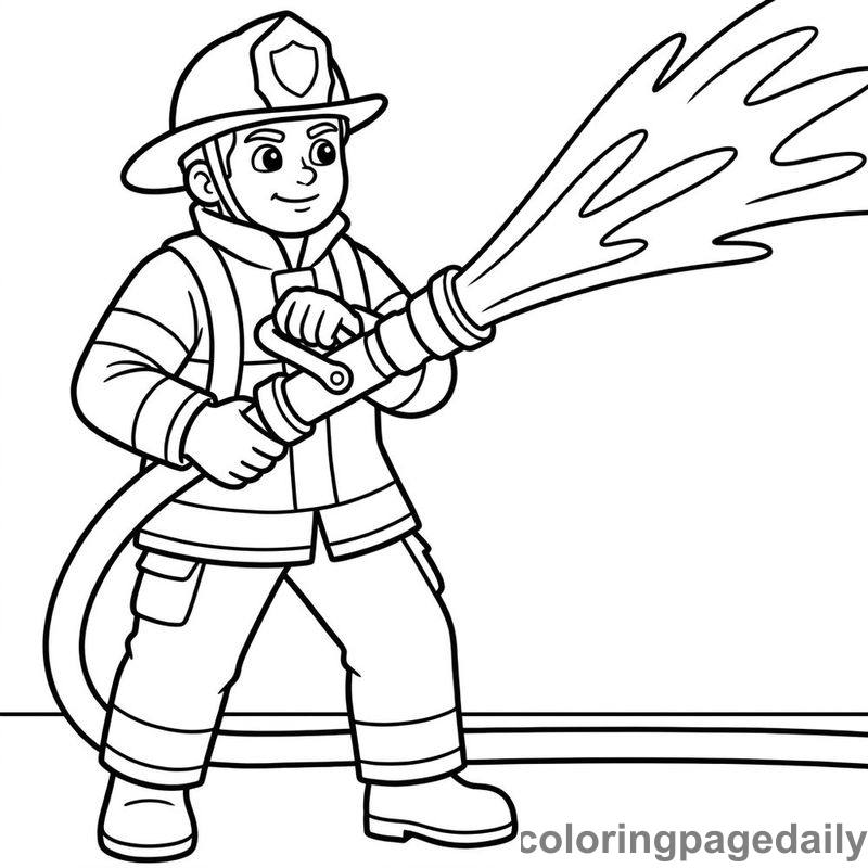 Firefighter Spraying Water Hose - Daily printable coloring page in Professions category