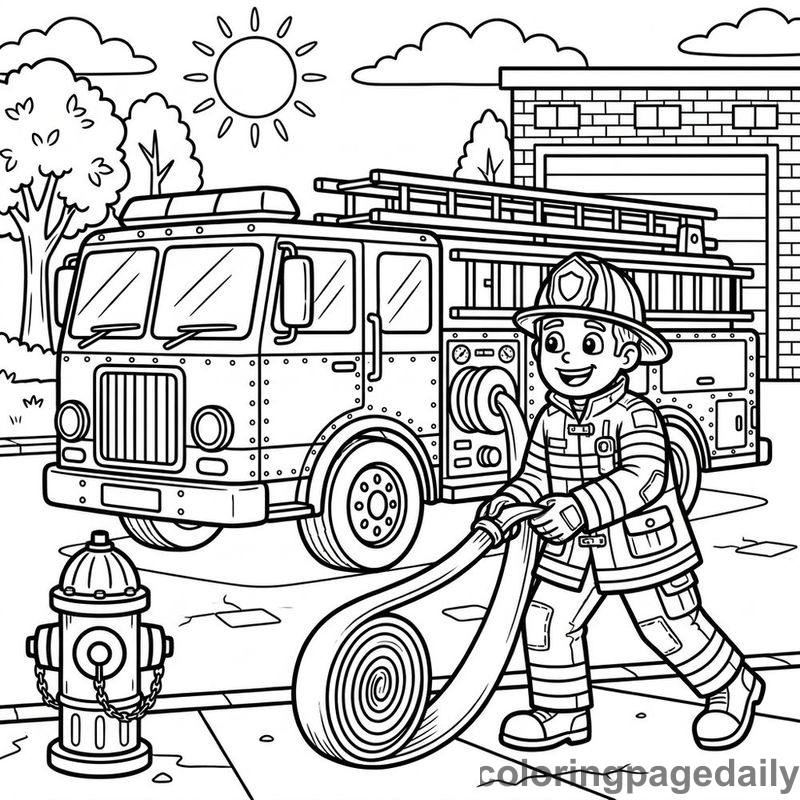 Firefighter Unrolling Fire Hose - Daily printable coloring page in Professions category