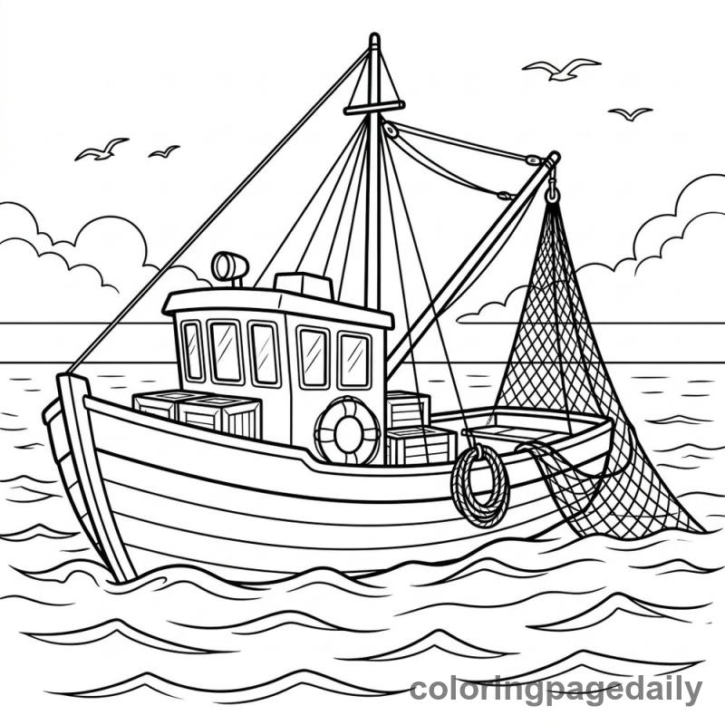 Fishing Boat at Sea - Daily printable coloring page in Vehicle category