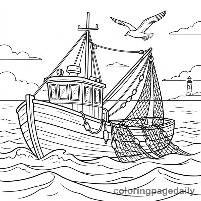 Fishing Boat At Sea - Daily printable coloring page in Vehicle category