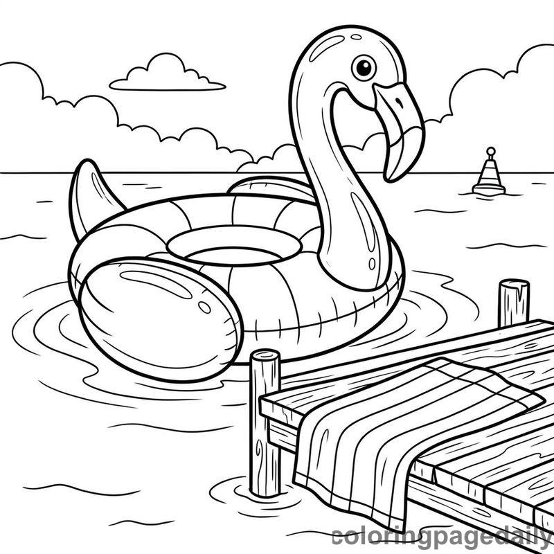 Flamingo Float By The Dock - Daily printable coloring page in Summer Vacation category