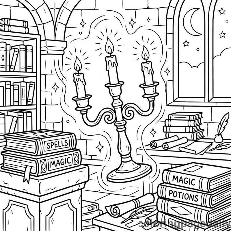 Floating Castle Library Candelabra - Daily printable coloring page in Fairy Tales category