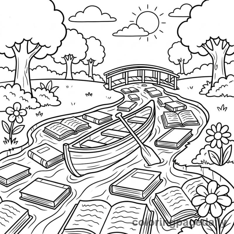 Floating Down the Book River - Daily printable coloring page in Scenery category