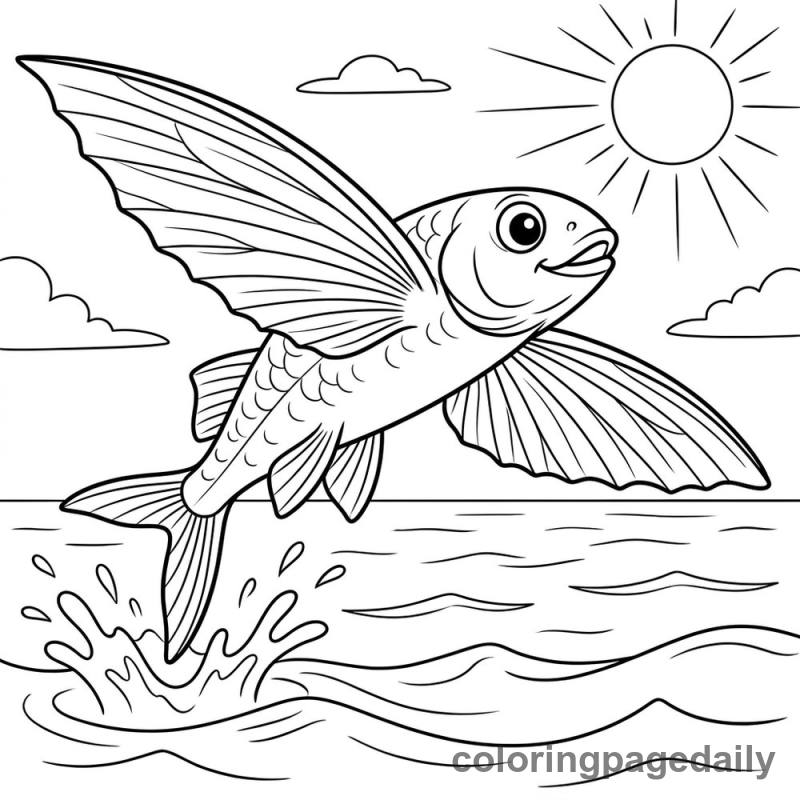 Flying Fish Leaping - Daily printable coloring page in Ocean and Underwater Life category