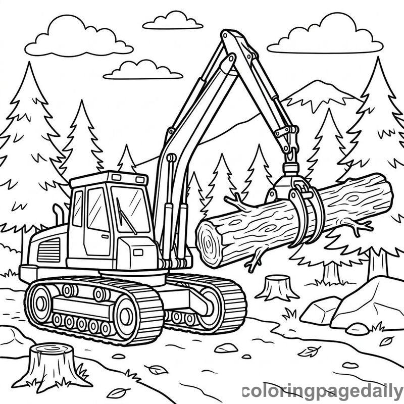 Forestry Harvester Lifting Pine Log - Daily printable coloring page in Vehicle category
