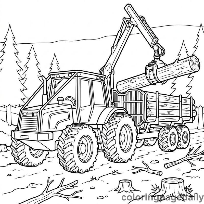 Forestry Tractor Loading Logs - Daily printable coloring page in Vehicle category