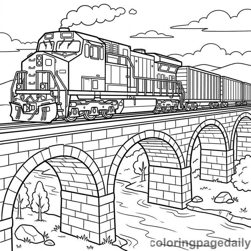 Freight Train Crossing Bridge - Daily printable coloring page in Vehicle category
