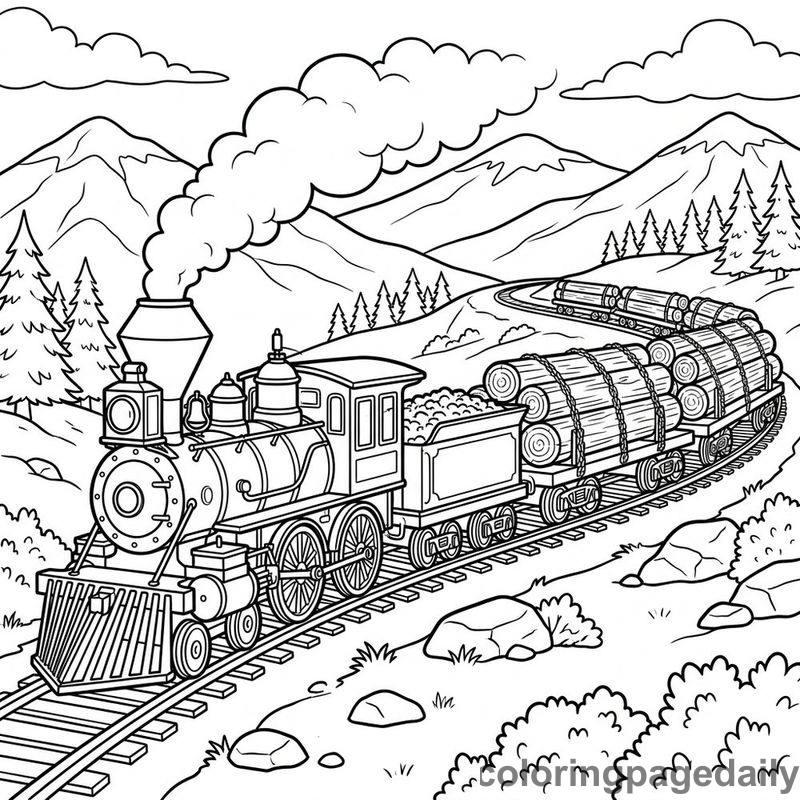 Freight Train Hauling Logs - Daily printable coloring page in Vehicle category