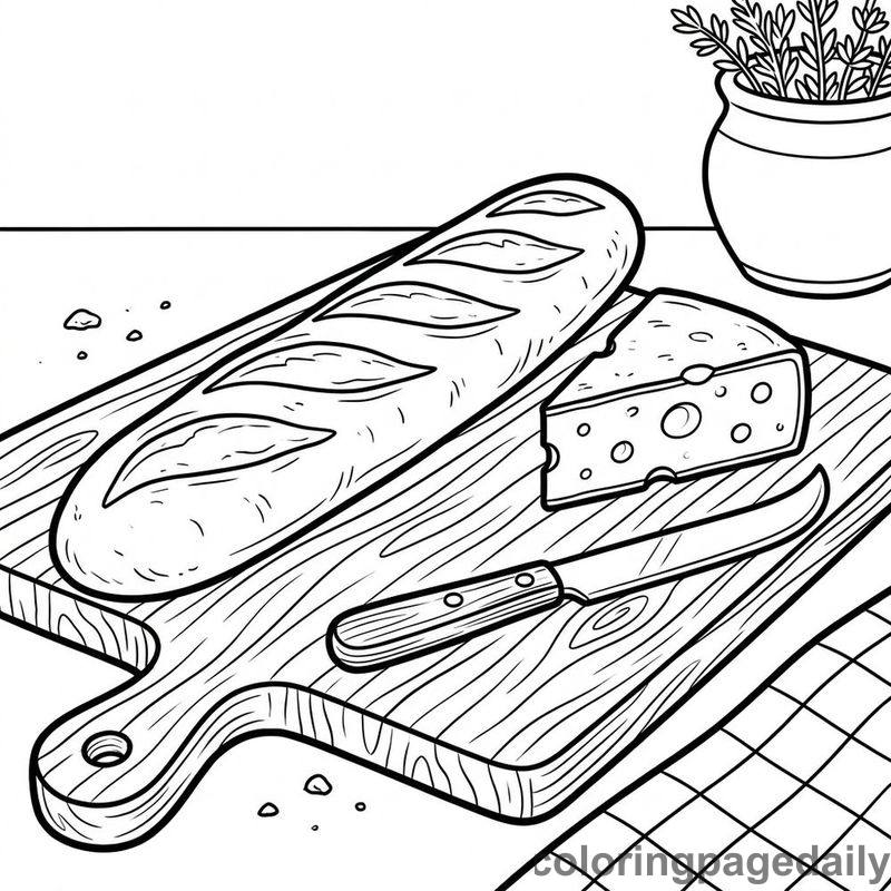French Baguette And Cheese - Daily printable coloring page in Food category
