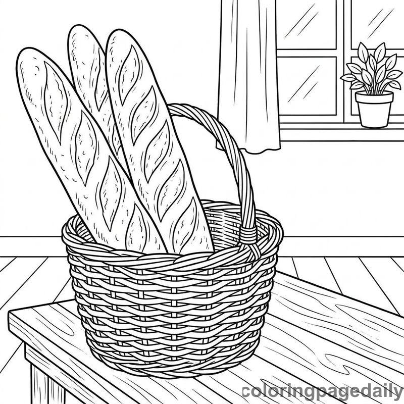 French Baguettes In Basket - Daily printable coloring page in Food category