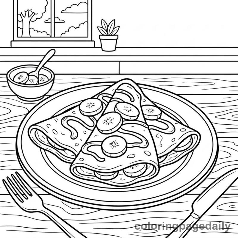 French Banana Chocolate Crepes - Daily printable coloring page in Food category