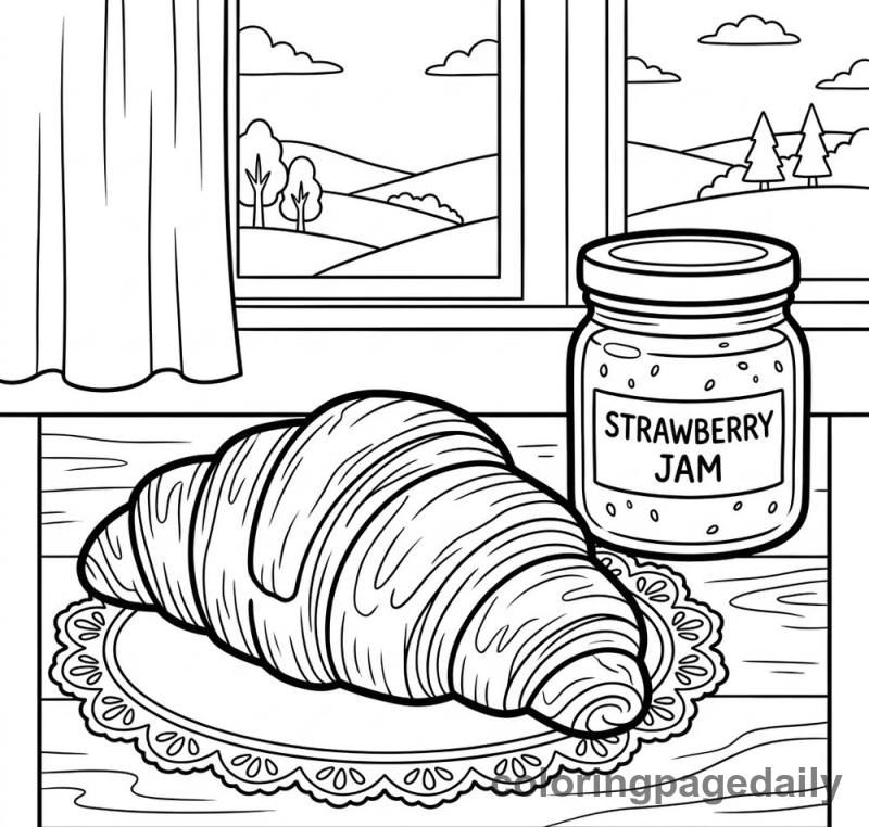 French Croissant And Jam - Daily printable coloring page in Food category