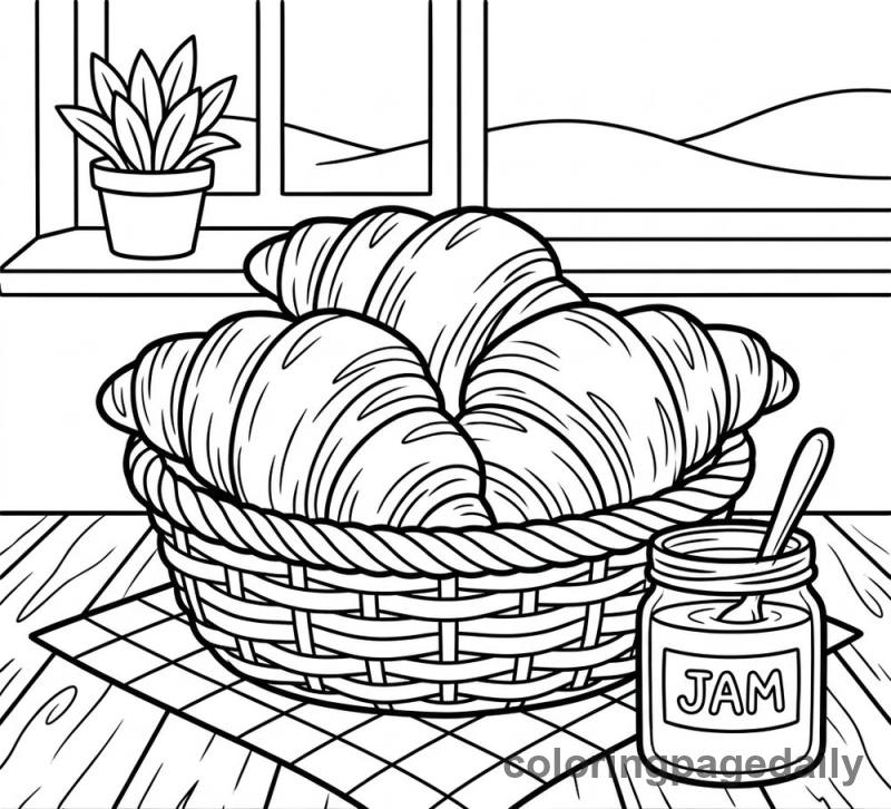 French Croissants Basket - Daily printable coloring page in Food category