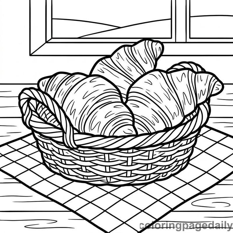 French Croissants In Wicker Basket - Daily printable coloring page in Food category