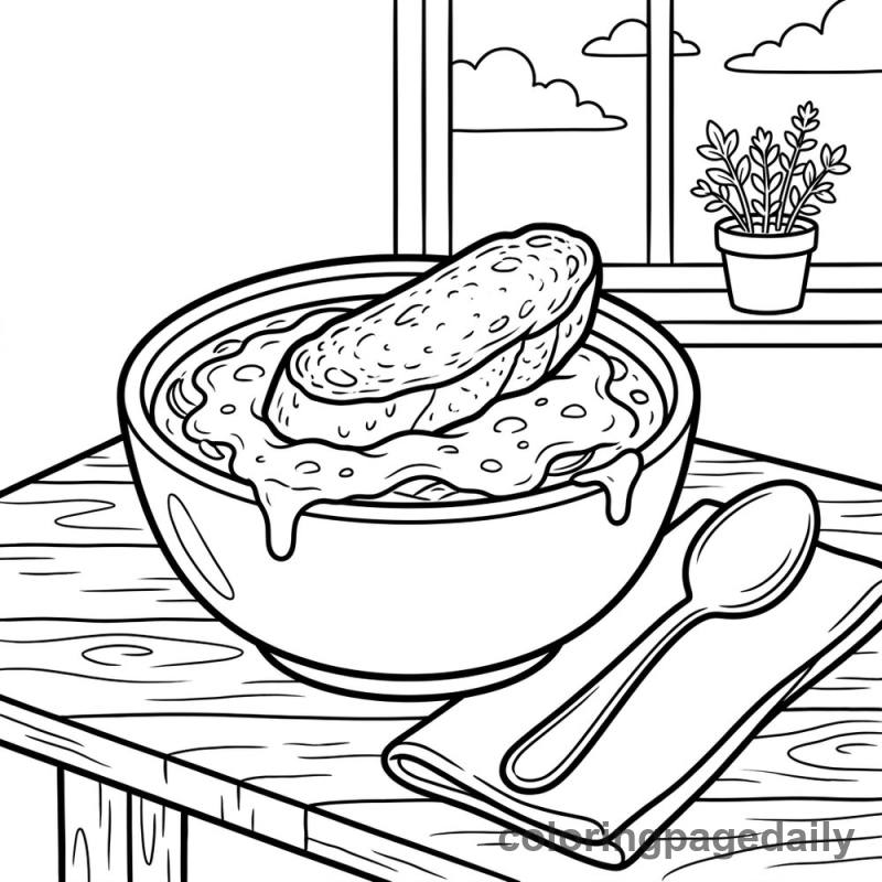French Onion Soup Bowl - Daily printable coloring page in Food category