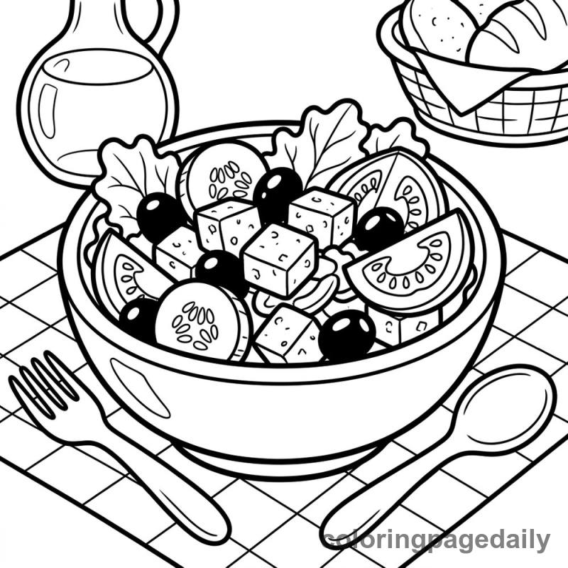 Fresh Greek Salad Bowl - Daily printable coloring page in Food category