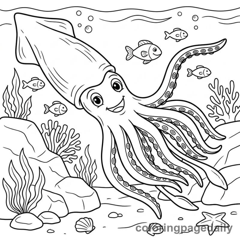 Friendly Giant Squid - Daily printable coloring page in Ocean and Underwater Life category