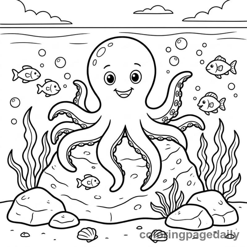 Friendly Octopus Waving - Daily printable coloring page in Ocean and Underwater Life category