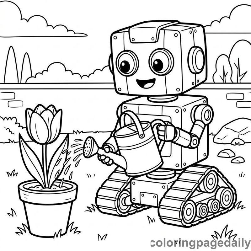 Friendly Robot Watering Tulip - Daily printable coloring page in Robots and STEM category