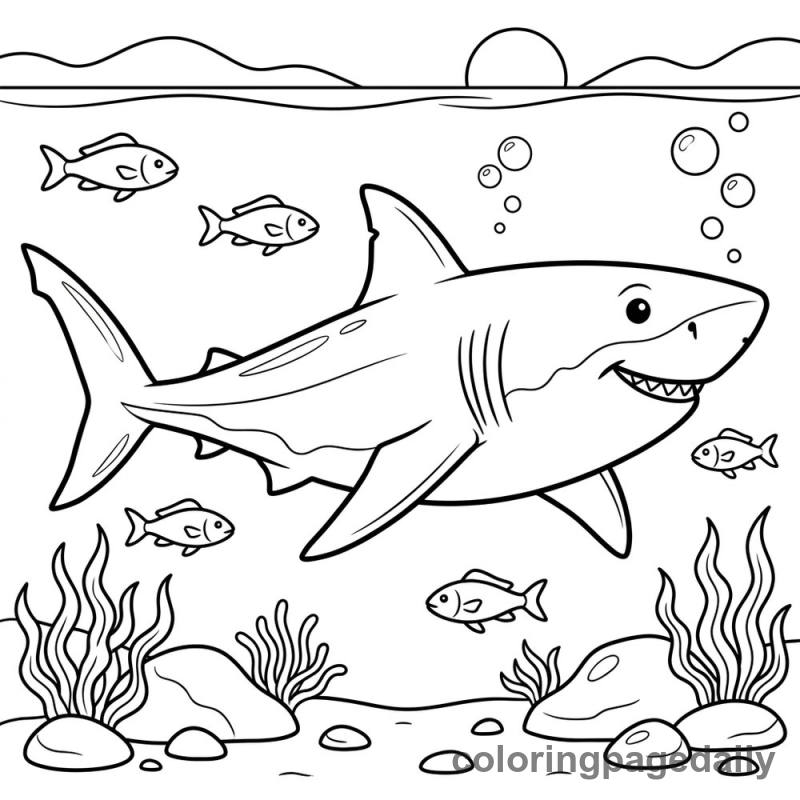 Friendly Shark Swimming - Daily printable coloring page in Ocean and Underwater Life category