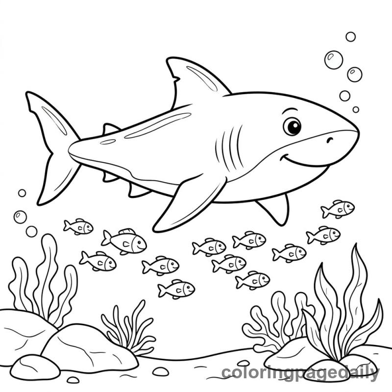 Friendly Shark Swimming - Daily printable coloring page in Ocean and Underwater Life category