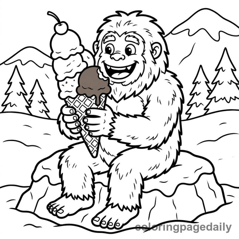 Yeti Enjoying Ice Cream - Daily printable coloring page in Mythical Creature category