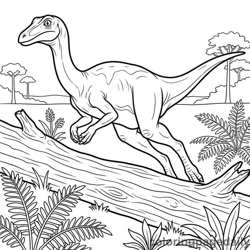 Gallimimus Leaping Over Log - Daily printable coloring page in Dinosaur category