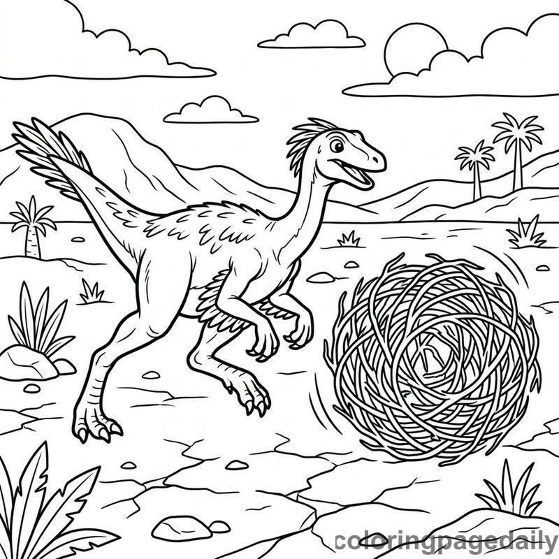Gallimimus Racing A Tumbleweed - Daily printable coloring page in Dinosaur category