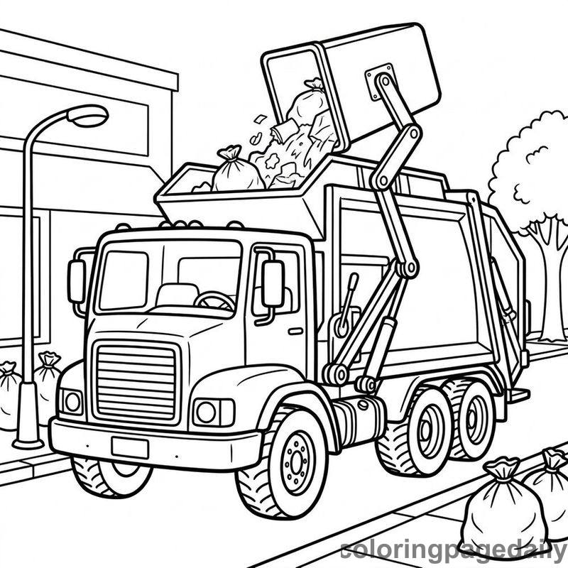 Garbage Truck Emptying Bin - Daily printable coloring page in Vehicle category