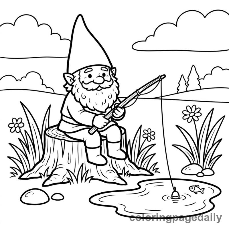 Gnome's Puddle Fishing - Daily printable coloring page in Mythical Creature category