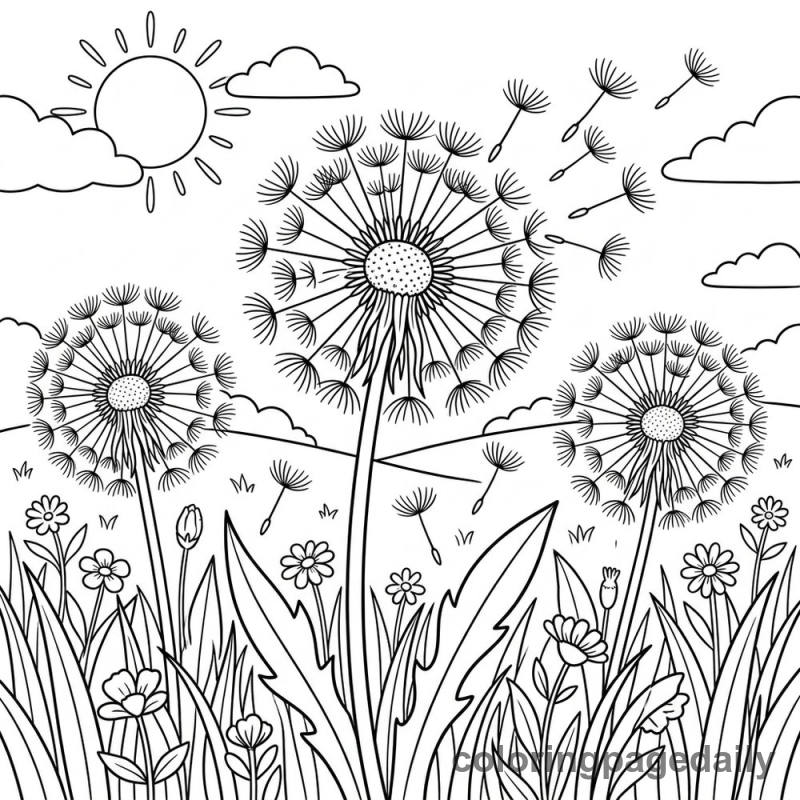 Field of Giant Dandelions - Daily printable coloring page in Scenery category