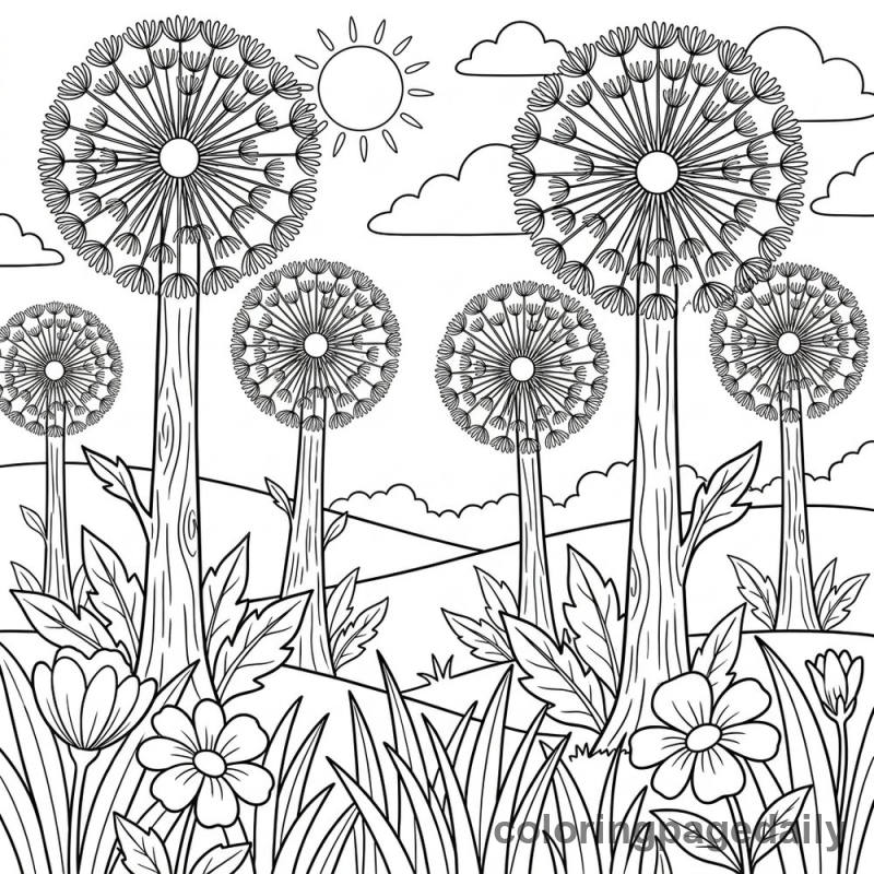 Giant Dandelion Field - Daily printable coloring page in Scenery category