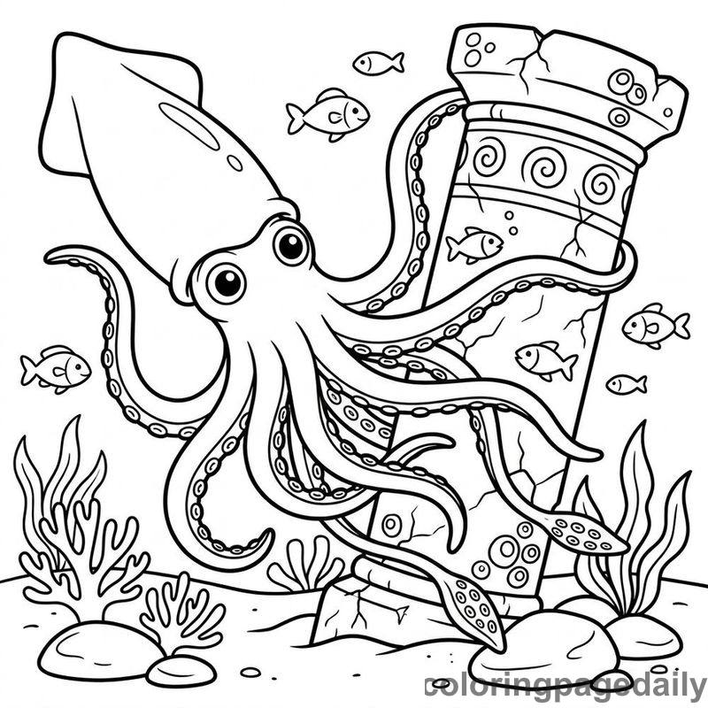 Giant Squid Exploring Pillar - Daily printable coloring page in Ocean and Underwater Life category
