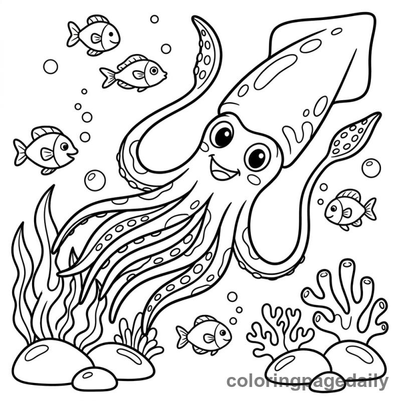 Giant Squid Swimming - Daily printable coloring page in Ocean and Underwater Life category