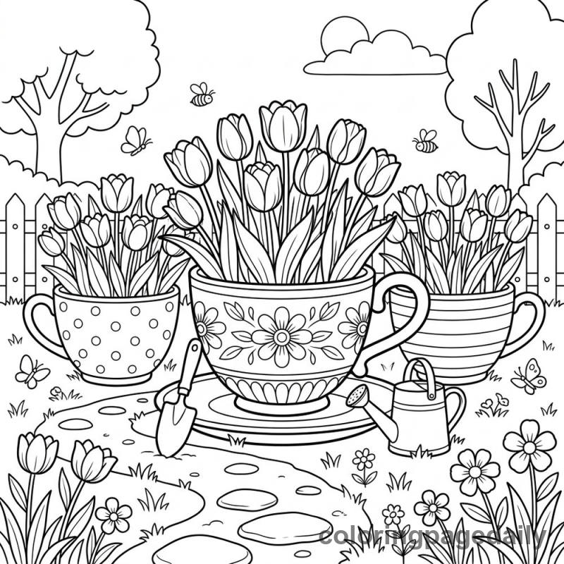 Giant Teacup Garden - Daily printable coloring page in Scenery category
