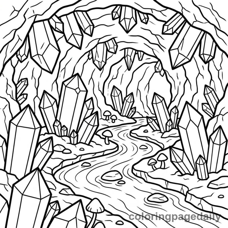 The Glowing Crystal Cave - Daily printable coloring page in Scenery category