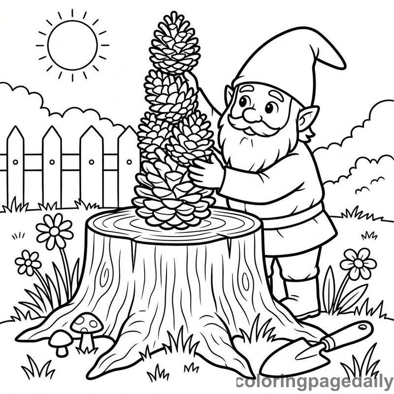 Gnome Building Pinecone Tower - Daily printable coloring page in Mythical Creature category