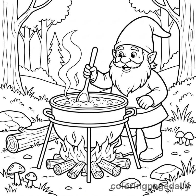 Gnome Cooking Soup - Daily printable coloring page in Mythical Creature category