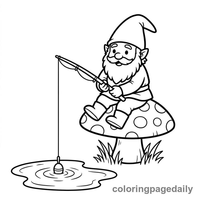 Gnome Fishing Fun - Daily printable coloring page in Mythical Creature category