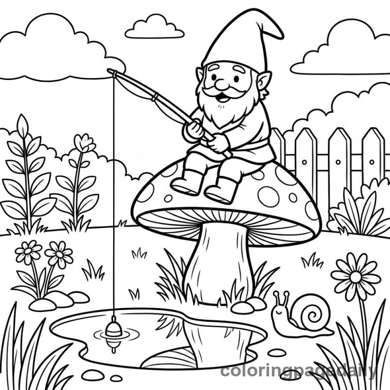 Gnome Fishing Fun - Daily printable coloring page in Mythical Creature category