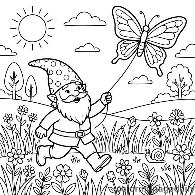 Gnome Flying Kite - Daily printable coloring page in Mythical Creature category
