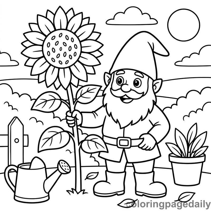 Gnome Holding Sunflower - Daily printable coloring page in Mythical Creature category