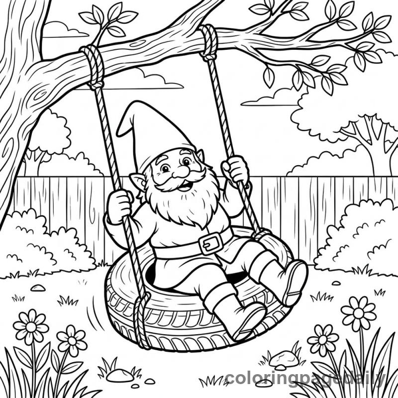 Gnome on Tire Swing - Daily printable coloring page in Mythical Creature category