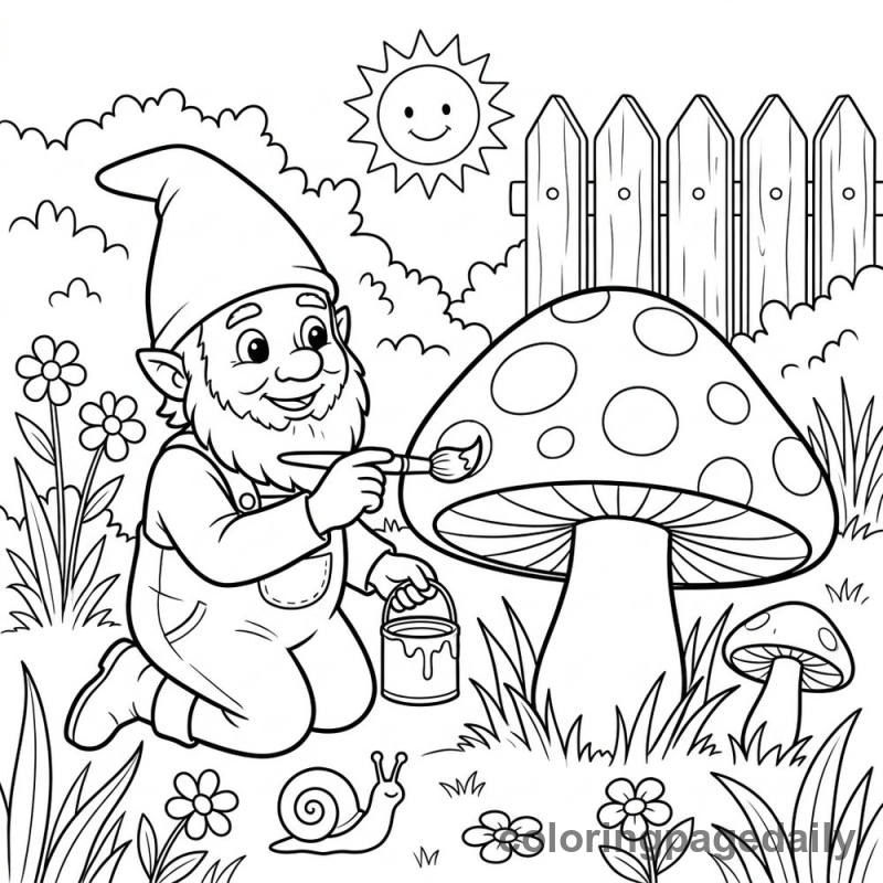 Gnome Painting Mushroom - Daily printable coloring page in Mythical Creature category