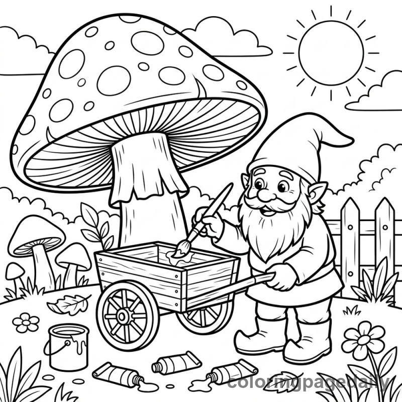 Gnome Painting Toy Wagon - Daily printable coloring page in Mythical Creature category